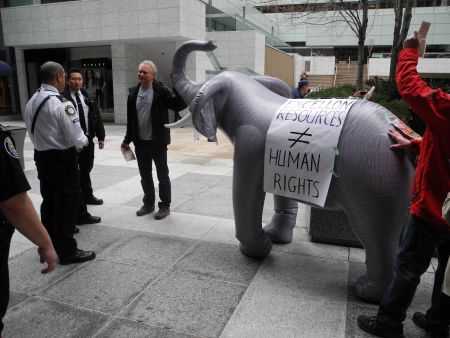 Landowners from Ejido La Sierrita, Durango, protest at Excellon's Annual General Meeting in Toronto in April. Photo courtesy of ProDESC